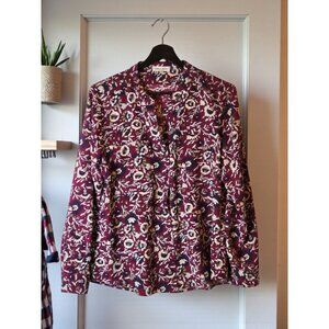 Calvin Klein Burgundy Floral Button Down Blouse Top Medium M Utility Pockets Car